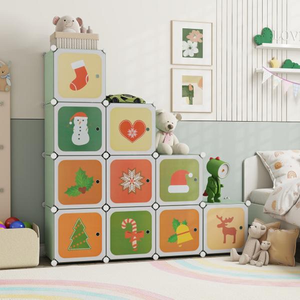 JZ10321GN 12 Cube Kids Wardrobe Closet with Hanging Section & Doors - Green