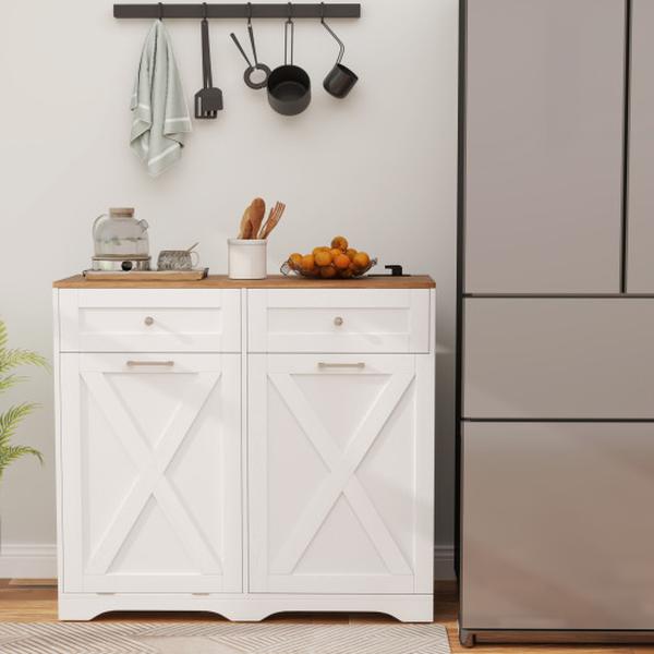 Picture of Costway KC57448WH Tilt Out Trash Can Cabinet with Outlets & Adjustable Shelf - White