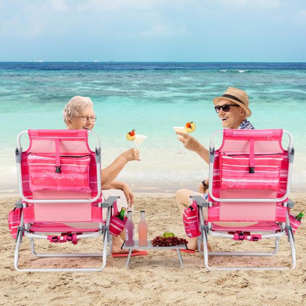 NP10020FS-2 5-Position Outdoor Folding Backpack Beach Table Reclining Chair Set - Hot Pink - Pack of 2