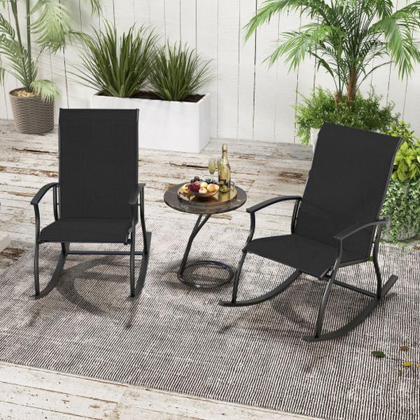 NP11398DK-2 Outdoor Rocking Chairs with Breathable Backrest - Black - 2 Piece
