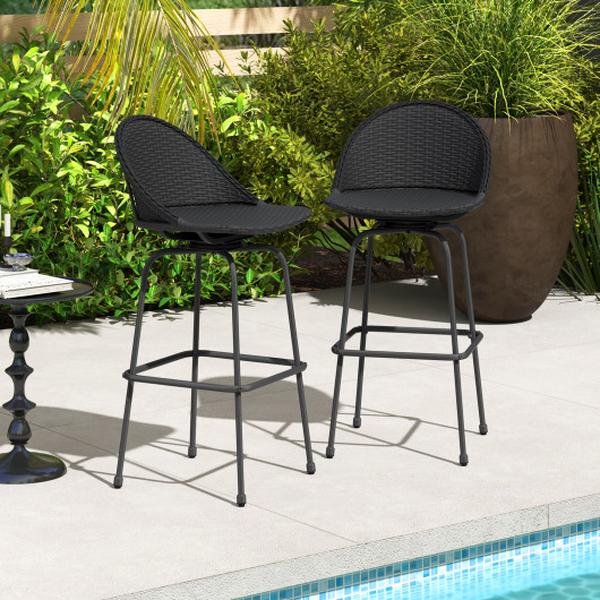 NP11973DK-2 Rattan Swivel Barstools with Curved Back - Black - Set of 2
