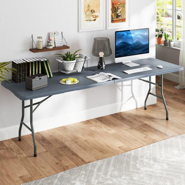 NP11984GR 8 ft. Portable 350 lbs Fold-in-Half Folding Table with HDPE Tabletop - Gray