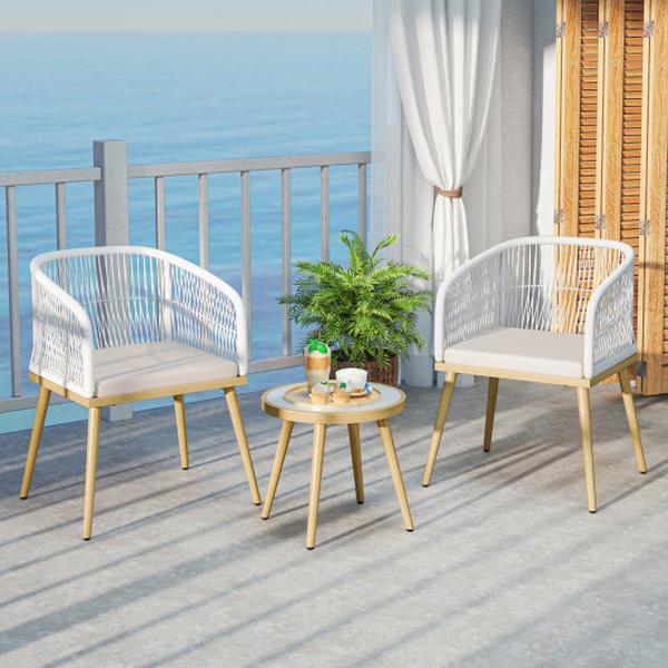 NP12006WH Outdoor Bistro PE Wicker Conversation Furniture Set - White - 3 Piece
