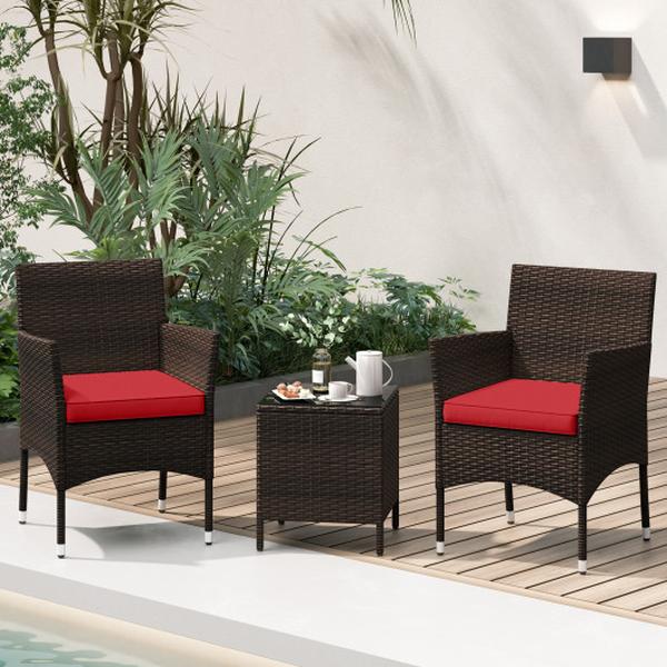 HW72792RE Outdoor Conversation Set with Cushioned Seat & Glass Tabletop - Red - 3 Piece