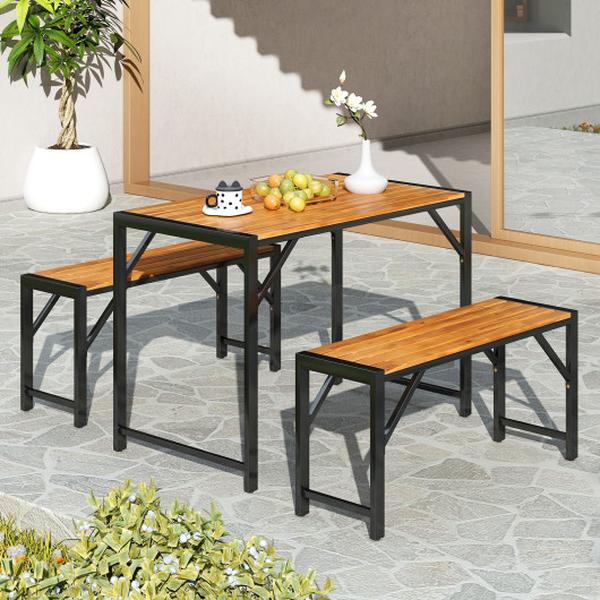 HW72991 Patio Dining Set with Picnic Table & 2 Benches for 4 People - 3 Piece