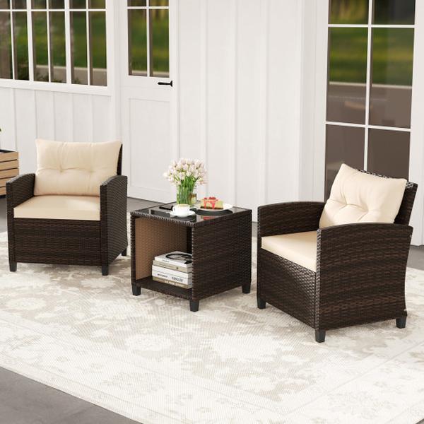 HW73034BN Patio Sofa Set with Wicker Chairs & Coffee Table with Storage - Beige - 3 Piece