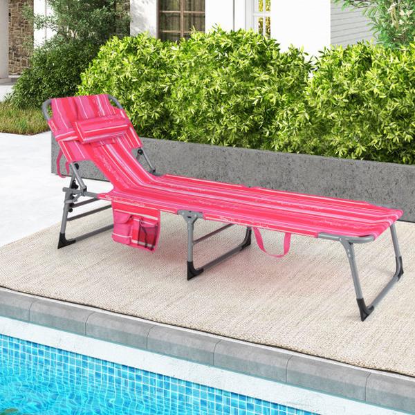NP10025FS Folding Beach Lounge Chair with Pillow for Outdoor - Pink & White