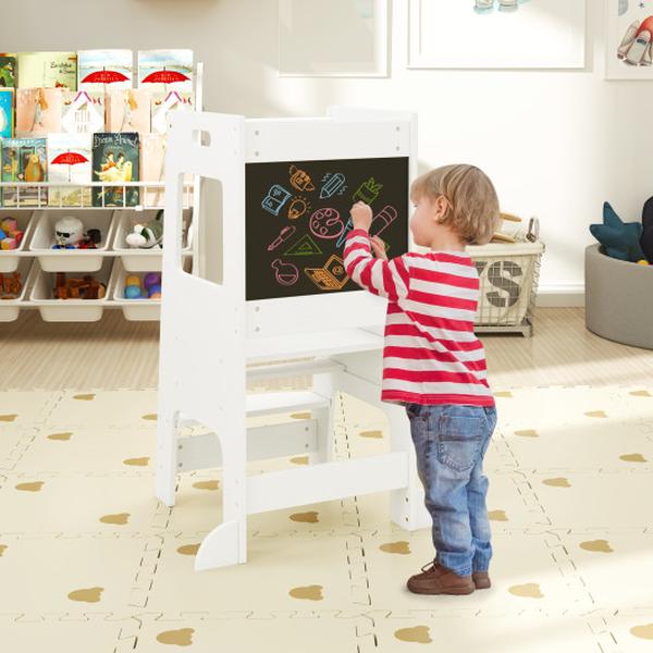 HY10190WH Toddler Kitchen Step Stool with Activity Chalkboard & Adjustable Height - White