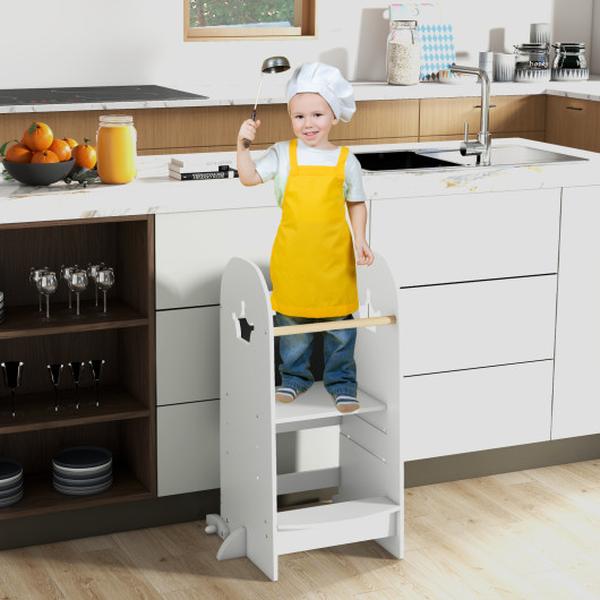 HY10323WH Kids Adjustable Kitchen Tower with Chalkboard & Safety Rail - White