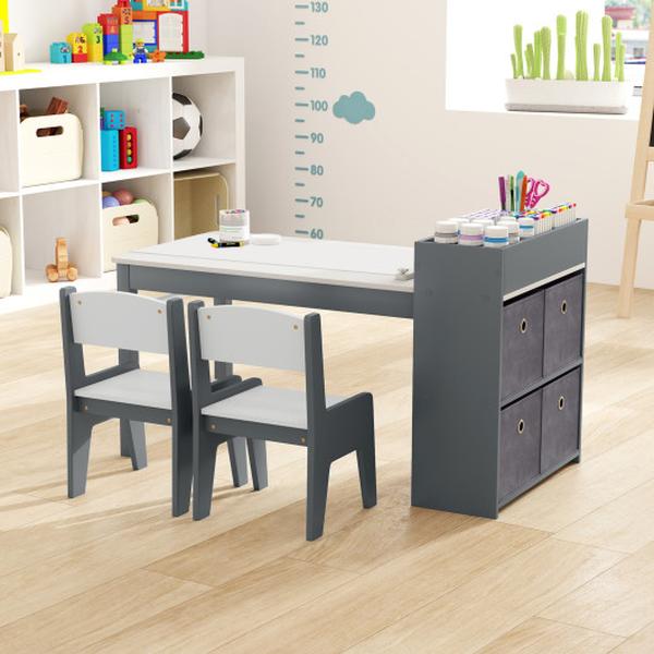 HY10355GR Kids Art Table & Chair Set with 2 Chairs & Paper Roll - Gray