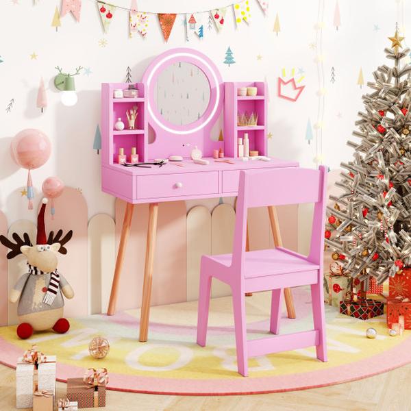 Picture of Costway HY10381PI Kids Vanity Set with Lighted Mirror & Storage Drawers - Pink