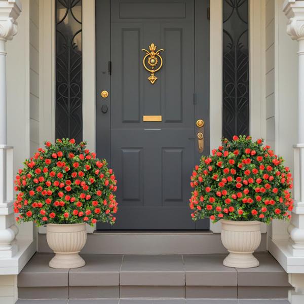 HZ10299RE-2 Artificial Rose Topiary Faux Shrub Bushes Ball Tree with Flowers - Red - Pack of 2