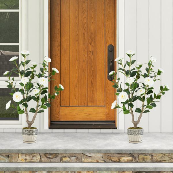 HZ10313WH-2 36 in. Artificial Camellia Tree with Blooming Flower - White - Pack of 2