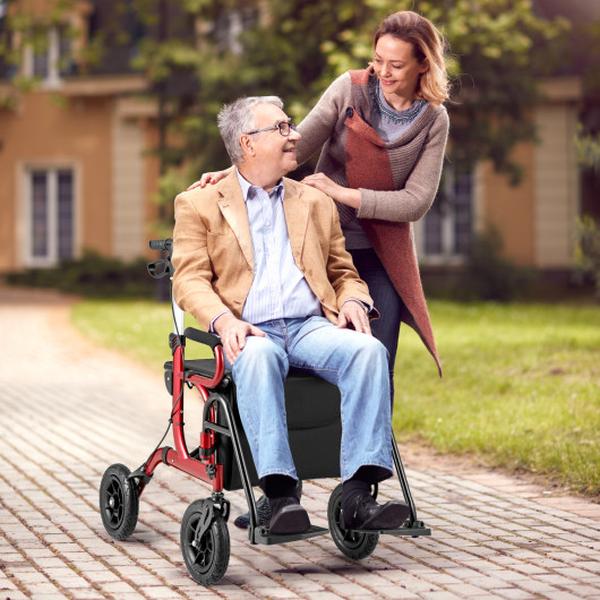 Picture of Costway JH10028RE 2-in-1 Foldable Rollator Walker with Seat ABD 9 in. Pneumatic Tires for Seniors - Red
