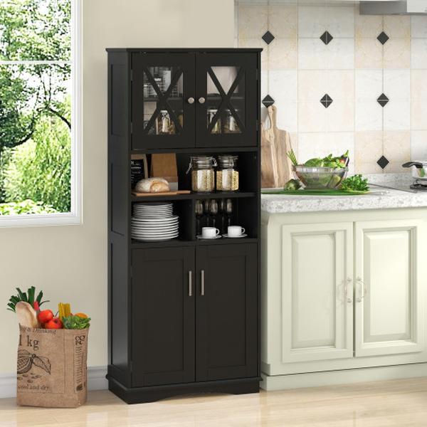 BA8177BK Tall Bathroom Large Floor Storage Cabinet with Acrylic Doors & 3 Cubes - Black