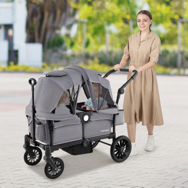BC10232GR 2 Seater Push Pull Collapsible Kids Wagon Stroller with Adjustable Handlebars - Gray