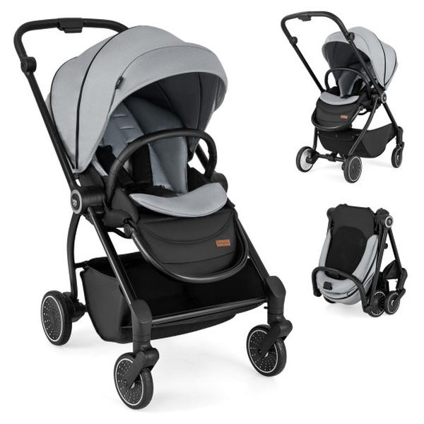 BC10245GR Foldable Infant Pram Stroller with Reversible Seat Reclining Backrest - Gray