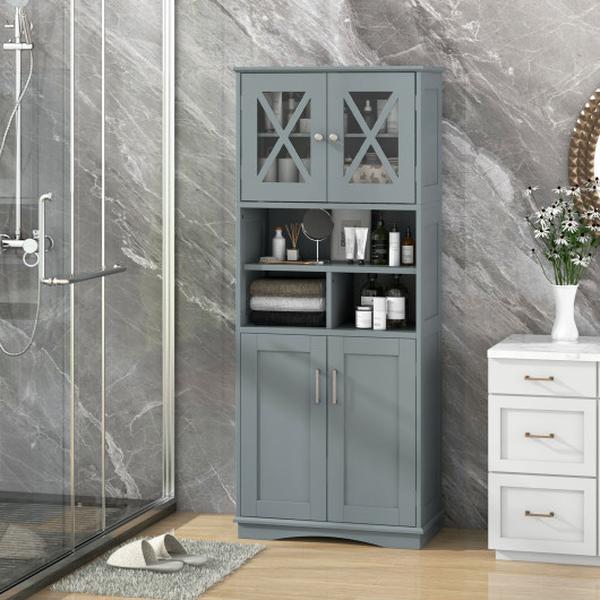 BA8177GR Tall Bathroom Large Floor Storage Cabinet with Acrylic Doors & 3 Cubes - Gray