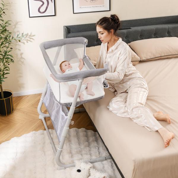 BC10260GR Baby Bassinet Bedside Crib with Adjustable Height Comfy Mattress - Gray