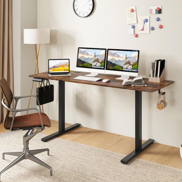 CB10758US-BN Electric Standing Desk with 3 Memory Heights, 2 Hanging Hooks & Cable Holes - Rustic Brown