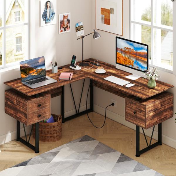 CB10775US-CF- L-Shaped Computer Desk with Power Outlets & 3 Storage Drawers - Rustic Brown
