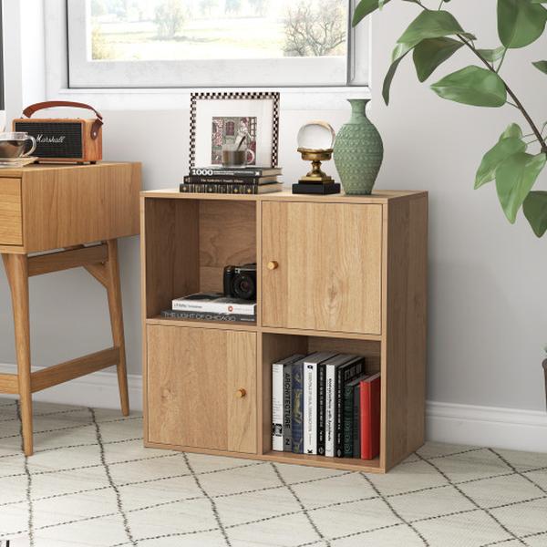 CB10838NA 3-Tier Bookshelf 4-Cube Bookcase with Dual Anti-Tipping Kits & 2 Cabinets - Natural