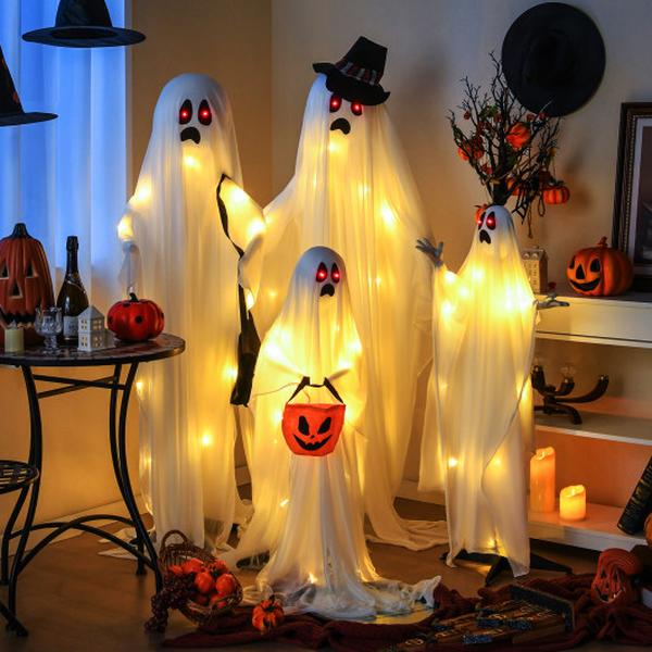 CM24803 Halloween Light Up White Cloth Ghost Family with Red & Warm White LED Lights - 4 Piece