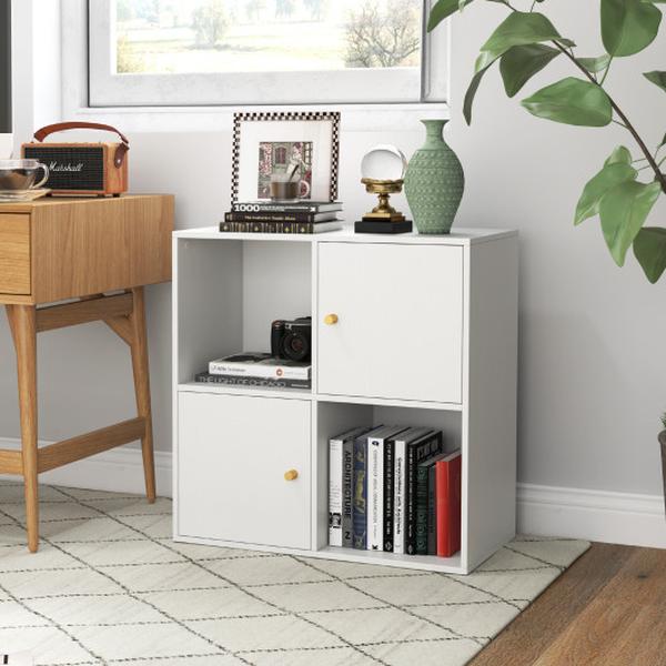 CB10838WH 3-Tier Bookshelf 4-Cube Bookcase with Dual Anti-Tipping Kits & 2 Cabinets - White