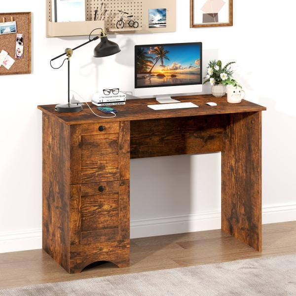CB10784US-CF Wooden Computer Desk Workstation with 3 Drawers for Home & Office - Rustic Brown