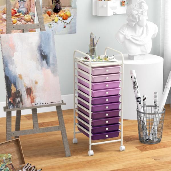 HW52045PU 10 Drawer Rolling Storage Cart Organizer with 4 Universal Casters - Purple