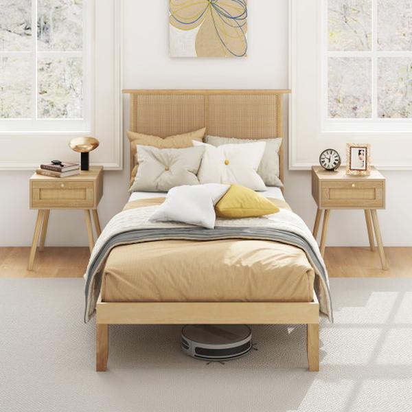 HU10801NA-T Natural Bed Frame with Rattan Headboard - Twin Size