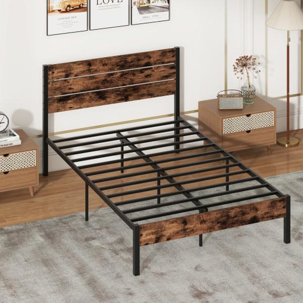 HU10833CF-F Rustic Brown & Black Bed Frame with High Headboard & Mute Bar - Full Size
