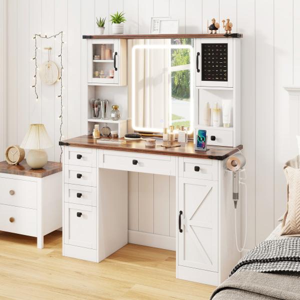 HU10847US-WH Farmhouse Vanity Desk with Lighted Mirror & 3 Doors - White