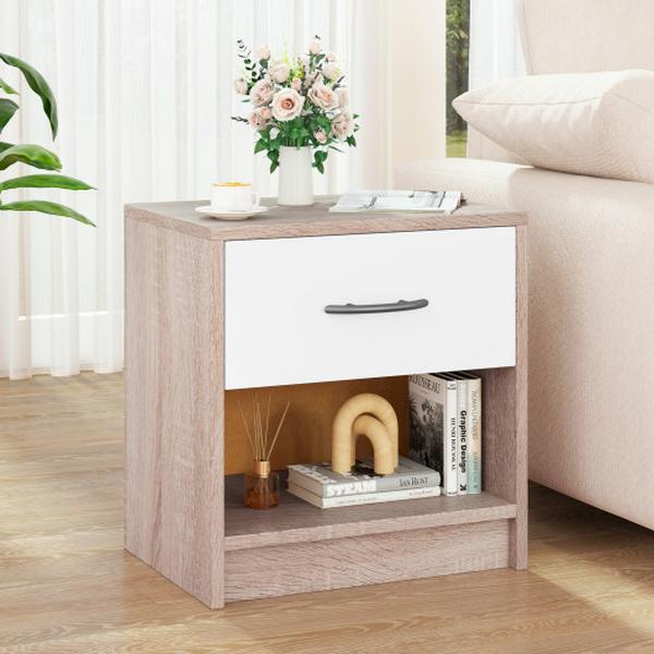 HU10887CF Bedside Table Nightstand with Drawer & Open Storage Shelf - Natural & White