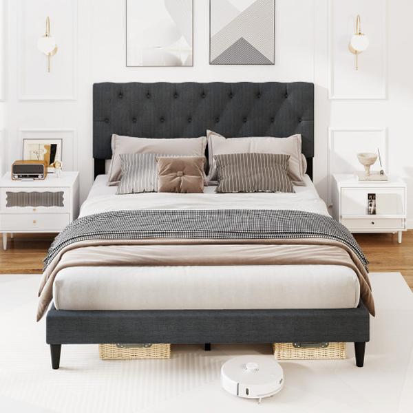 Picture of Costway HU10906GR-Q Upholstered Platform Bed with Tufted Headboard & Wooden Slats&#44; Gray - Queen Size