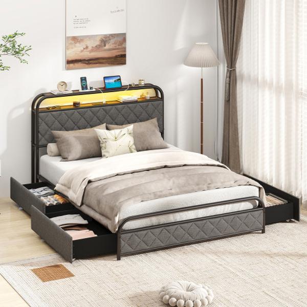 HU10931DK-F Bed Frame with LED Lights & Charging Station, Black - Full Size