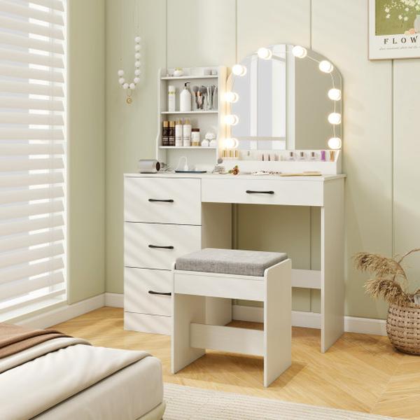 HU10976US-WH- Makeup Vanity Desk Dressing Table & Stool Set with Mirror & Lights - White