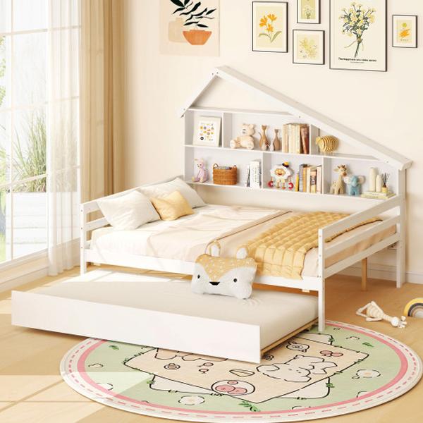 HU11007WH- House-Shaped Full Size Daybed with Twin Size Trundle - White