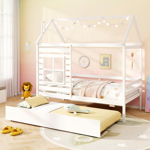 Picture of Costway HU11028WH Twin Size Wooden Platform House Bed with Trundle & Roof - White