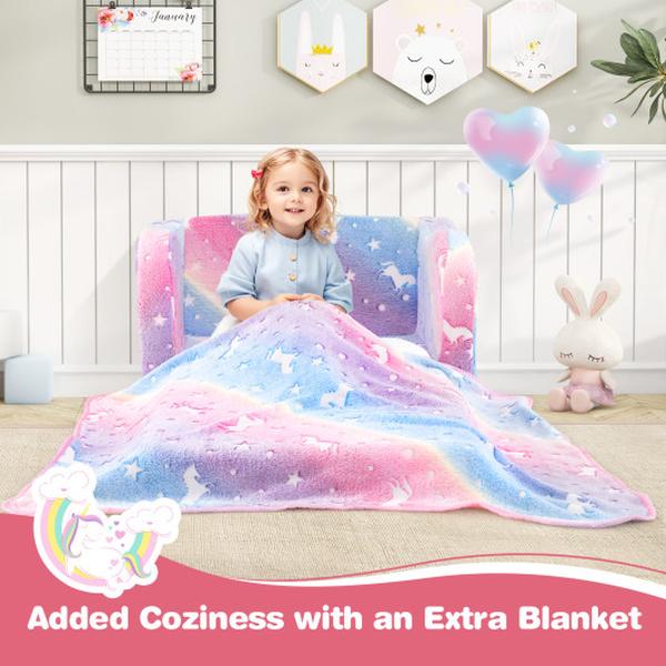 Picture of Costway HV10575CL 2-in-1 Folding Kids Couch with Blanket Glow in the Dark - Multi Color