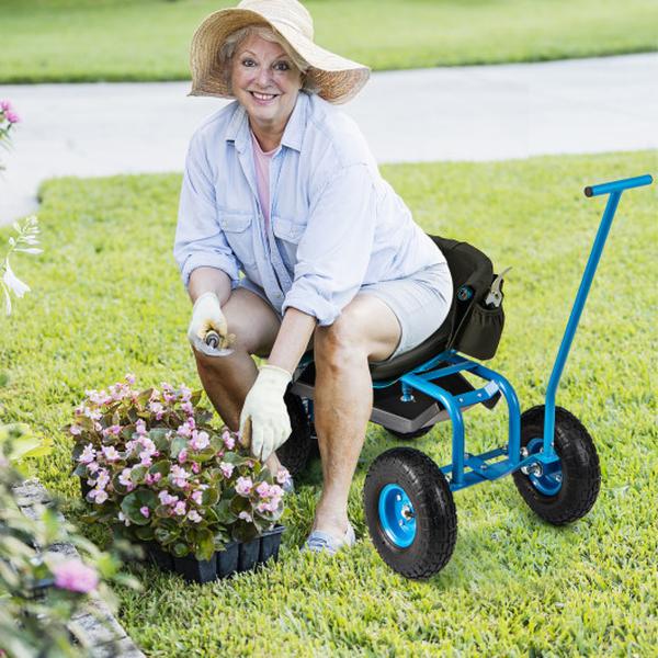 GT4031BL Rolling Garden Cart with Height Adjustable Swivel Seat & Storage Basket - Blue