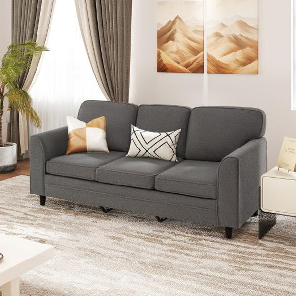 HV10645GR Upholstered Teddy Velvet 3-Seat Sofa with Comfy Back Pillows - Gray