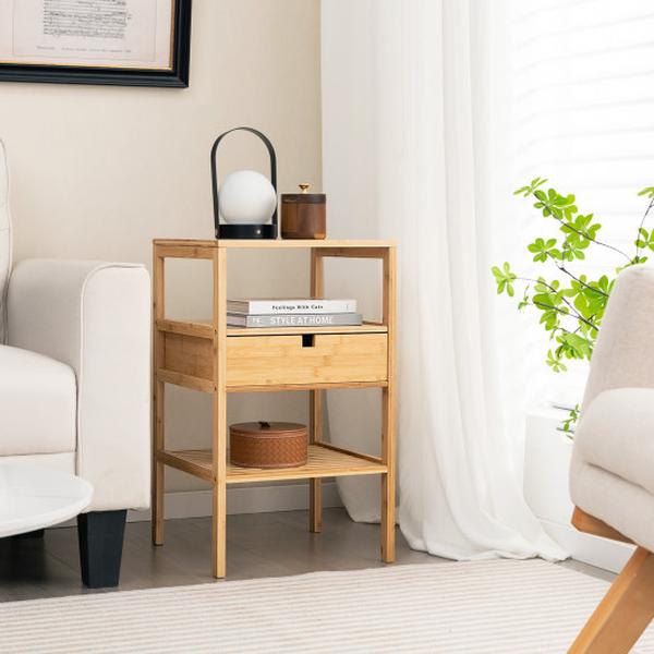 HU10209NA Bamboo Nightstand with Storage Drawer & Slatted Shelf
