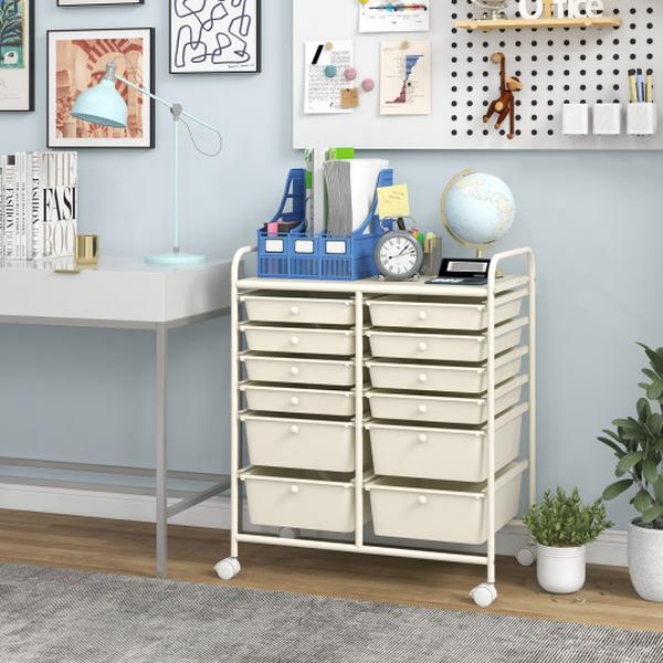 HW56500WH 12-Drawer Rolling Storage Cart with Removable Drawers & Lockable Wheels - White