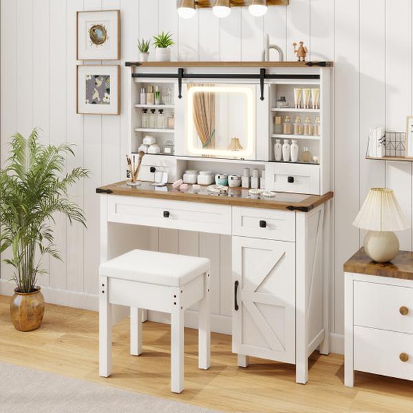 HU10924US-WH Makeup Vanity Desk with Mirror & 3-Color Dimmable LED Lights - White