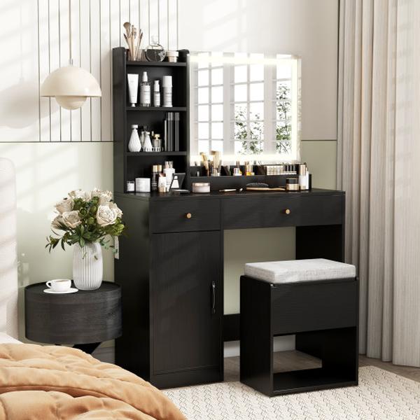 HU10935US-DK- Vanity Dressing Table & Chair Set with Mirror & Lights - Black