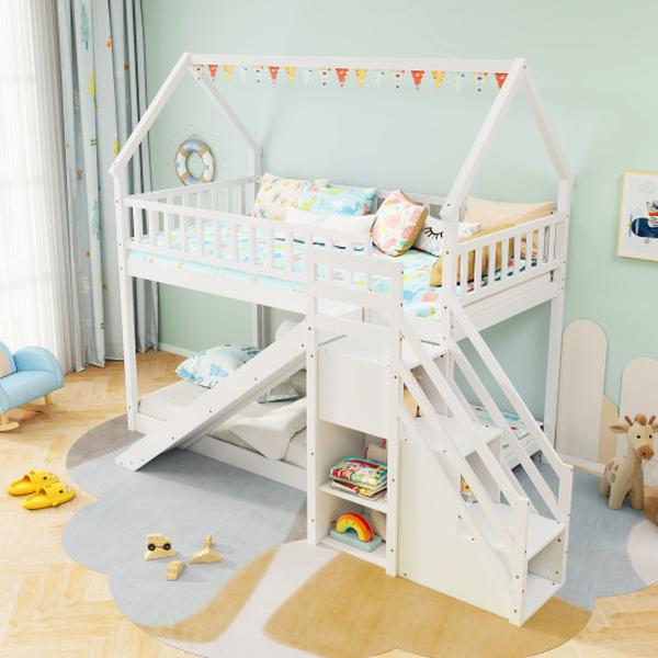 HU10982WH- Twin Over Twin Size Bunk Bed with Slide & Staircase - White