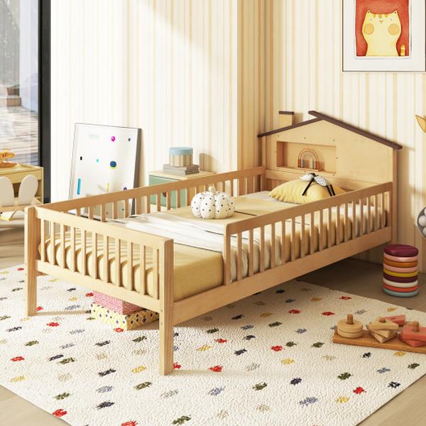 Picture of Costway HU11001NA-T Twin Size Kids Montessori Bed with House-Shaped Headboard & Built-in Storage Shelf - Natural