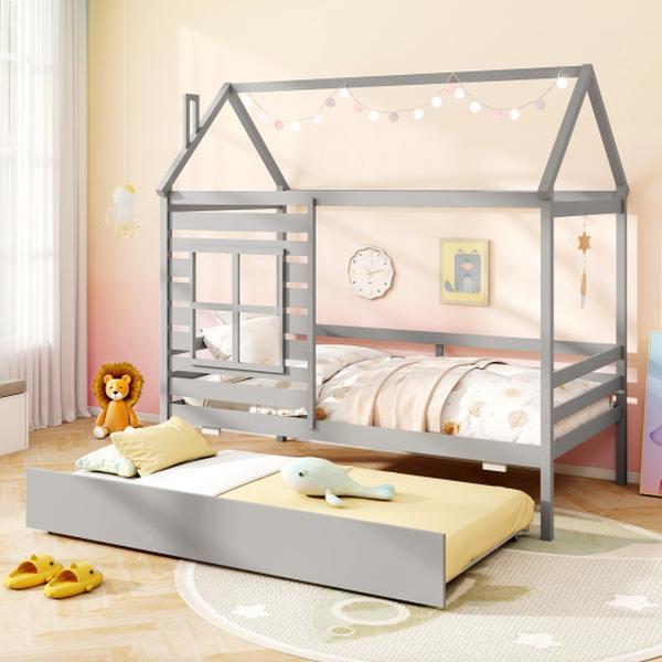 Picture of Costway HU11028GY Twin Size Wooden Platform House Bed with Trundle & Roof - Gray