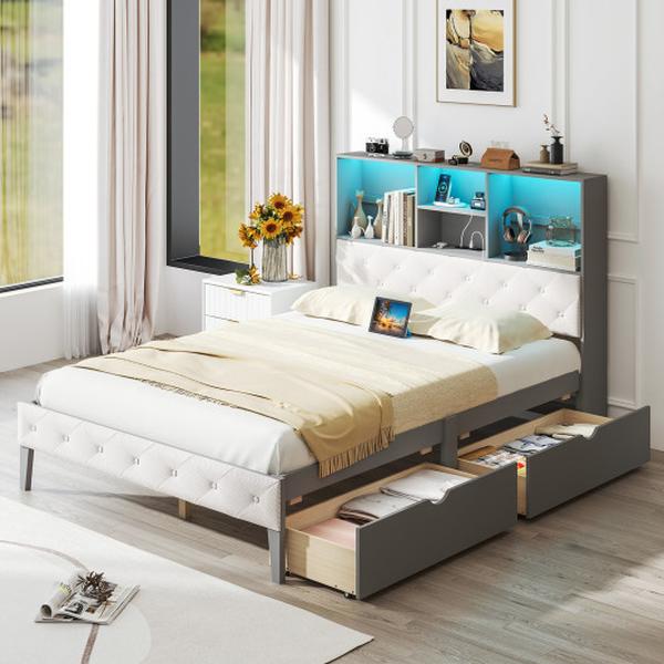 Picture of Costway HU11038GR-F Full Size Bed Frame with Bookcase Headboard & LED Lights - Gray